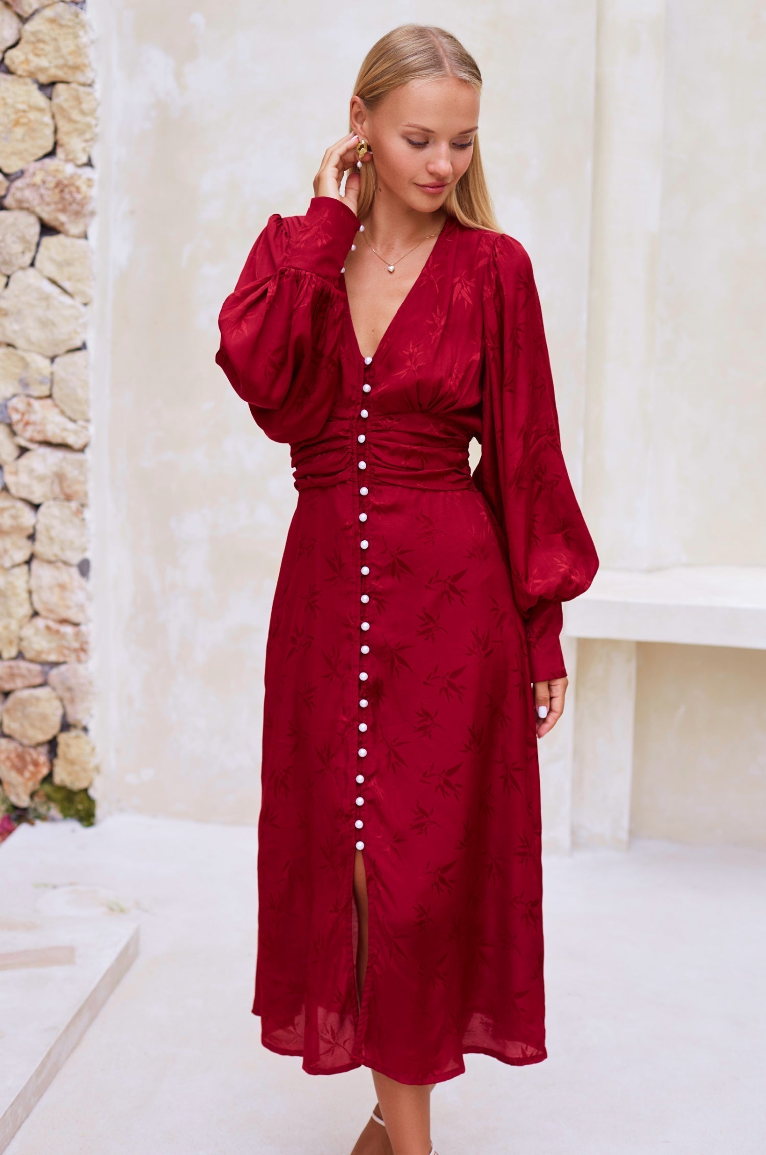 Juliette Pearl Buttons Midi Dress Pearl Ruby