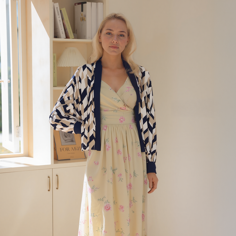 Pleione Women's Geo Print Open Front Cardigan In Taupe Navy