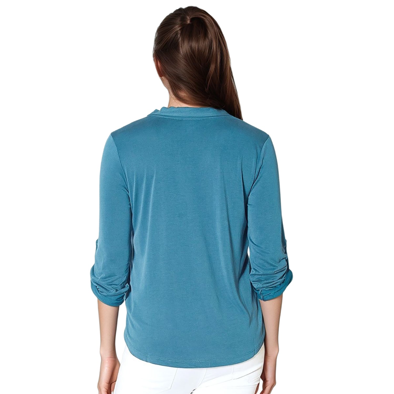 Pleione Roll Up Sleeve V-Neck Blouse In Teal
