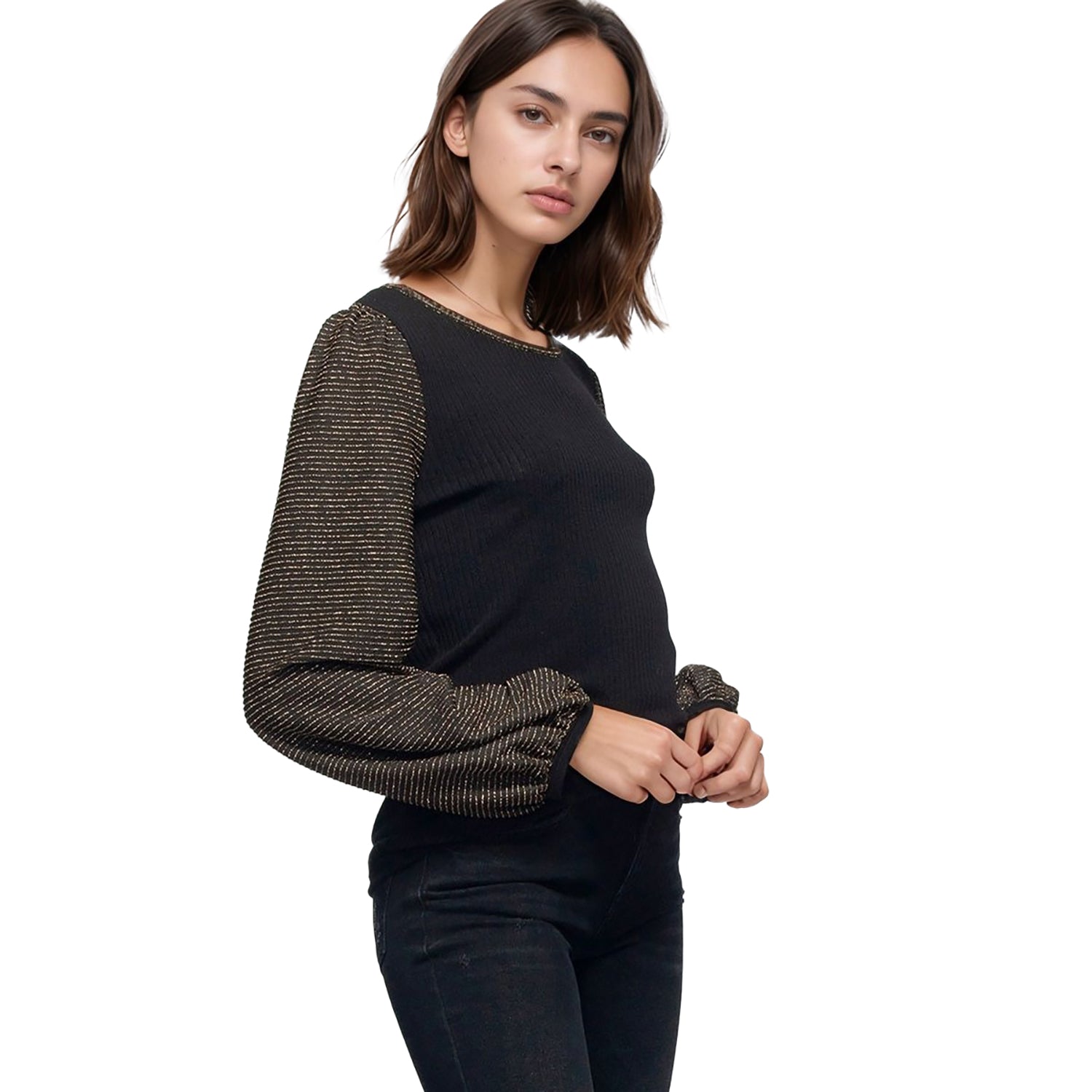 Pleione Women's Ribbed Round Neck Top in Black Gold