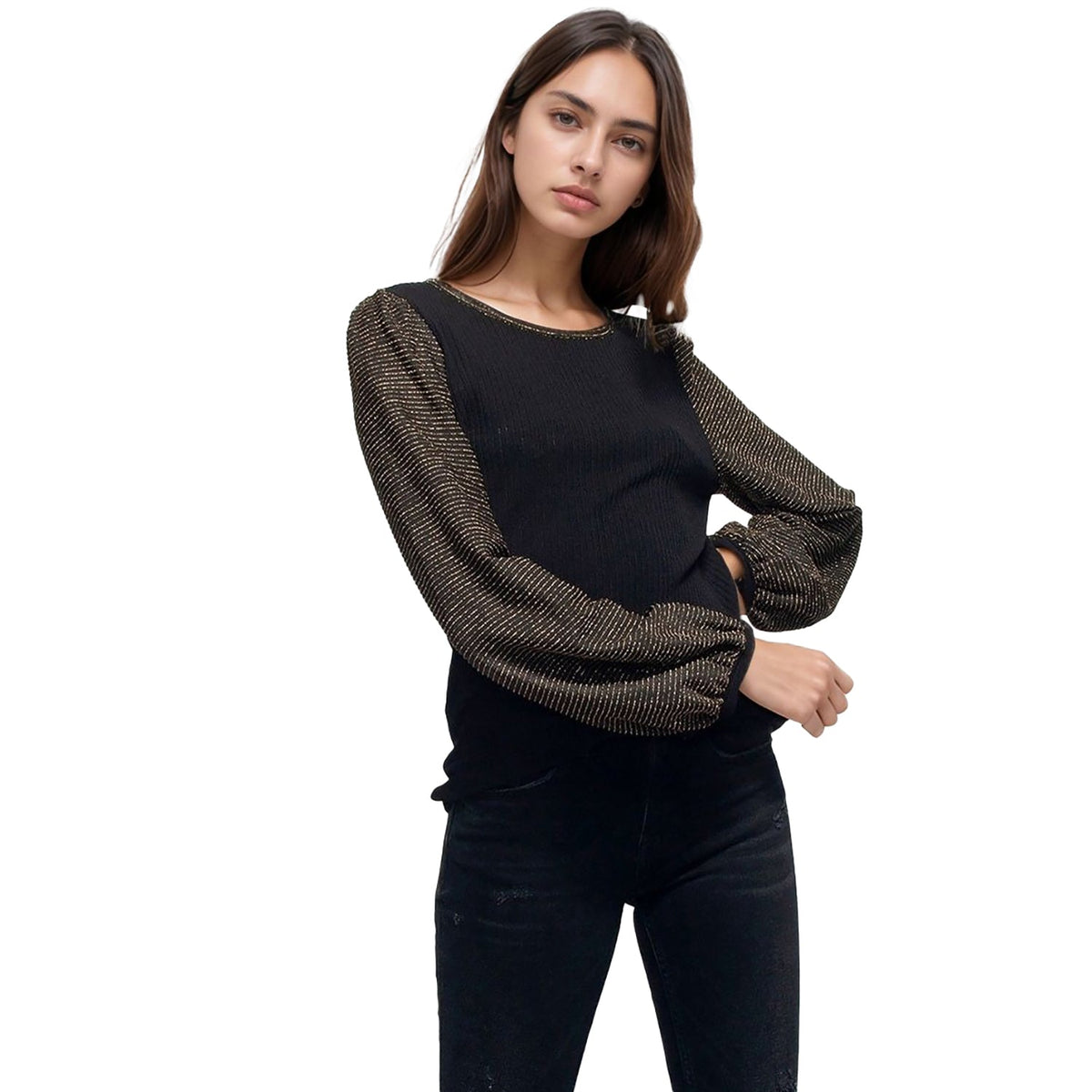 Pleione Women's Ribbed Round Neck Top in Black Gold