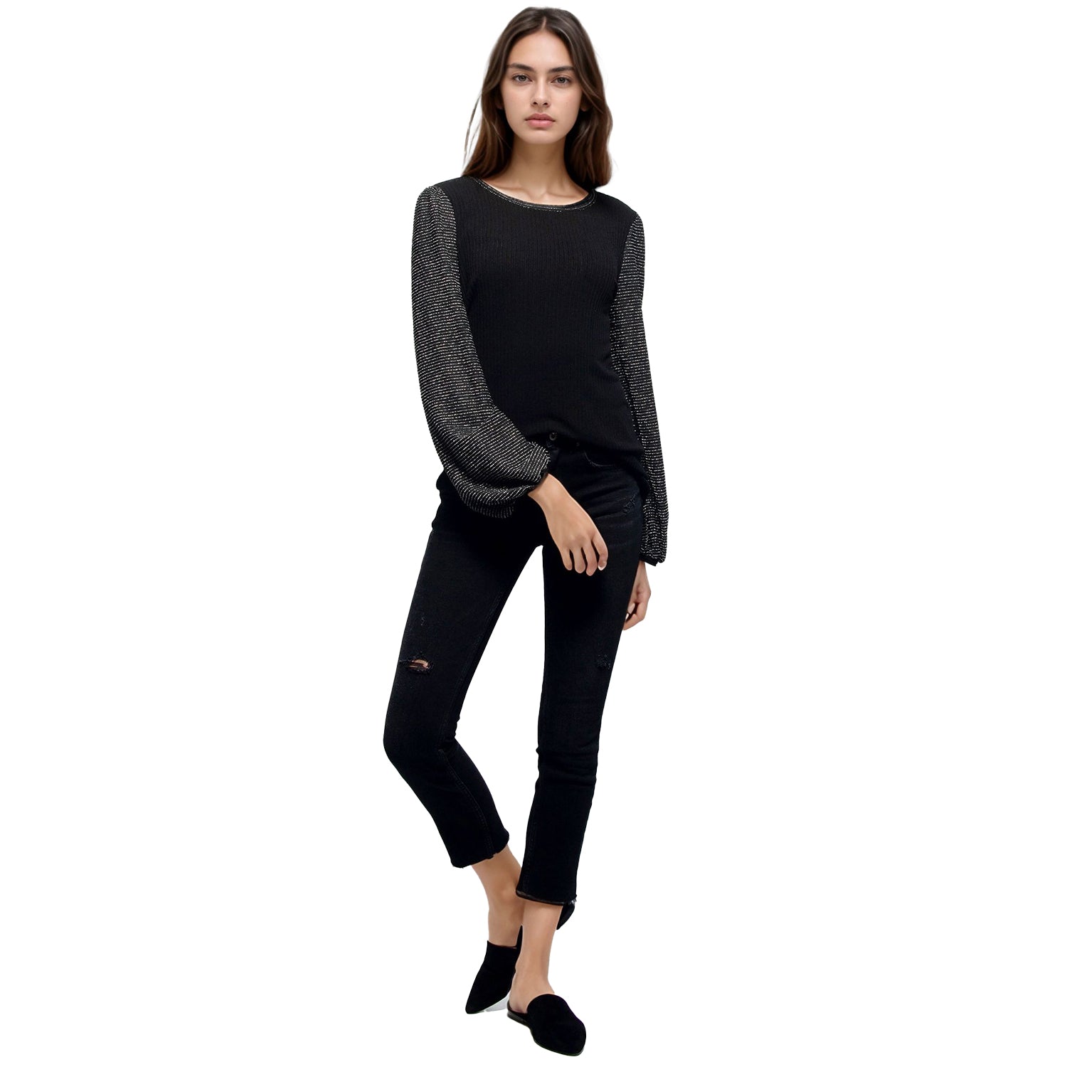 Pleione Women's Ribbed Round Neck Top in Black Silver
