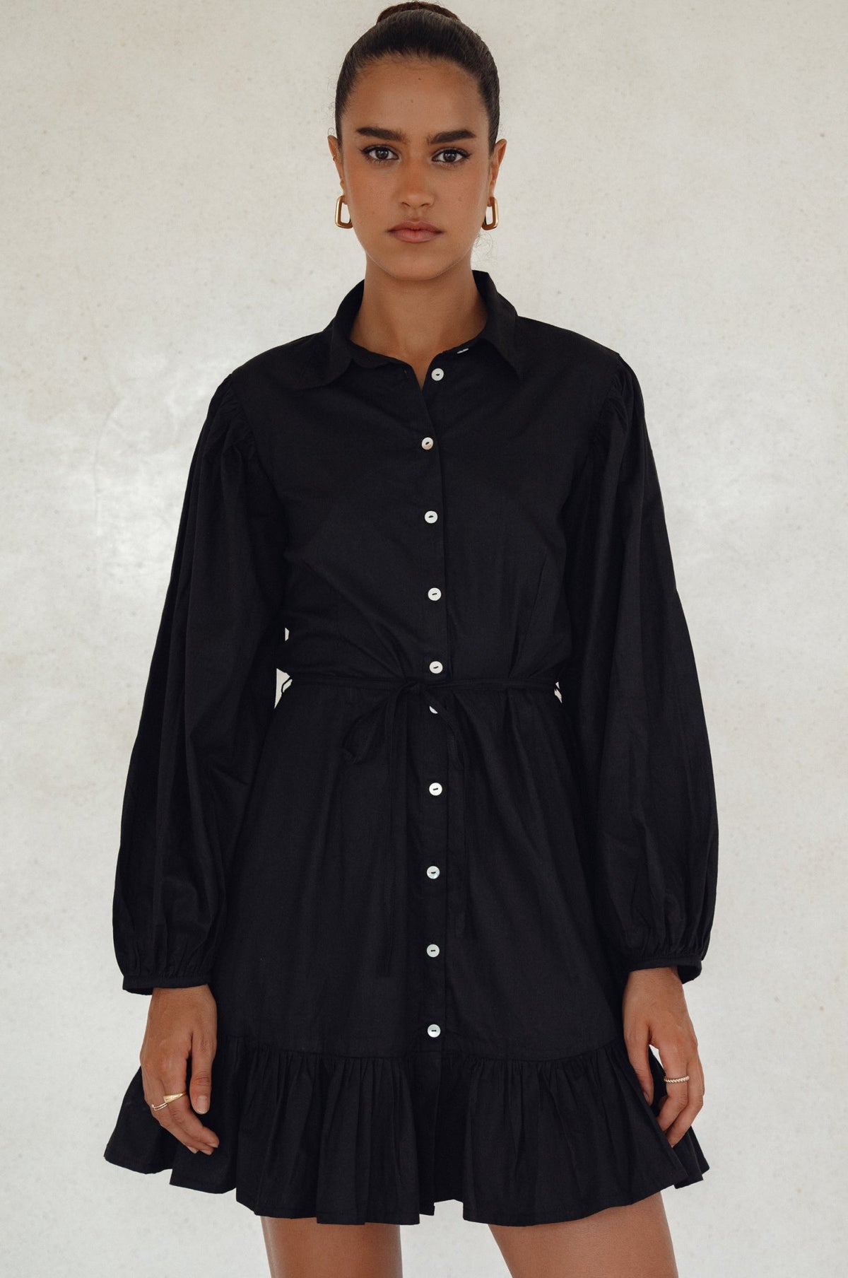 Malina Button Down Cotton Mini Dress Black