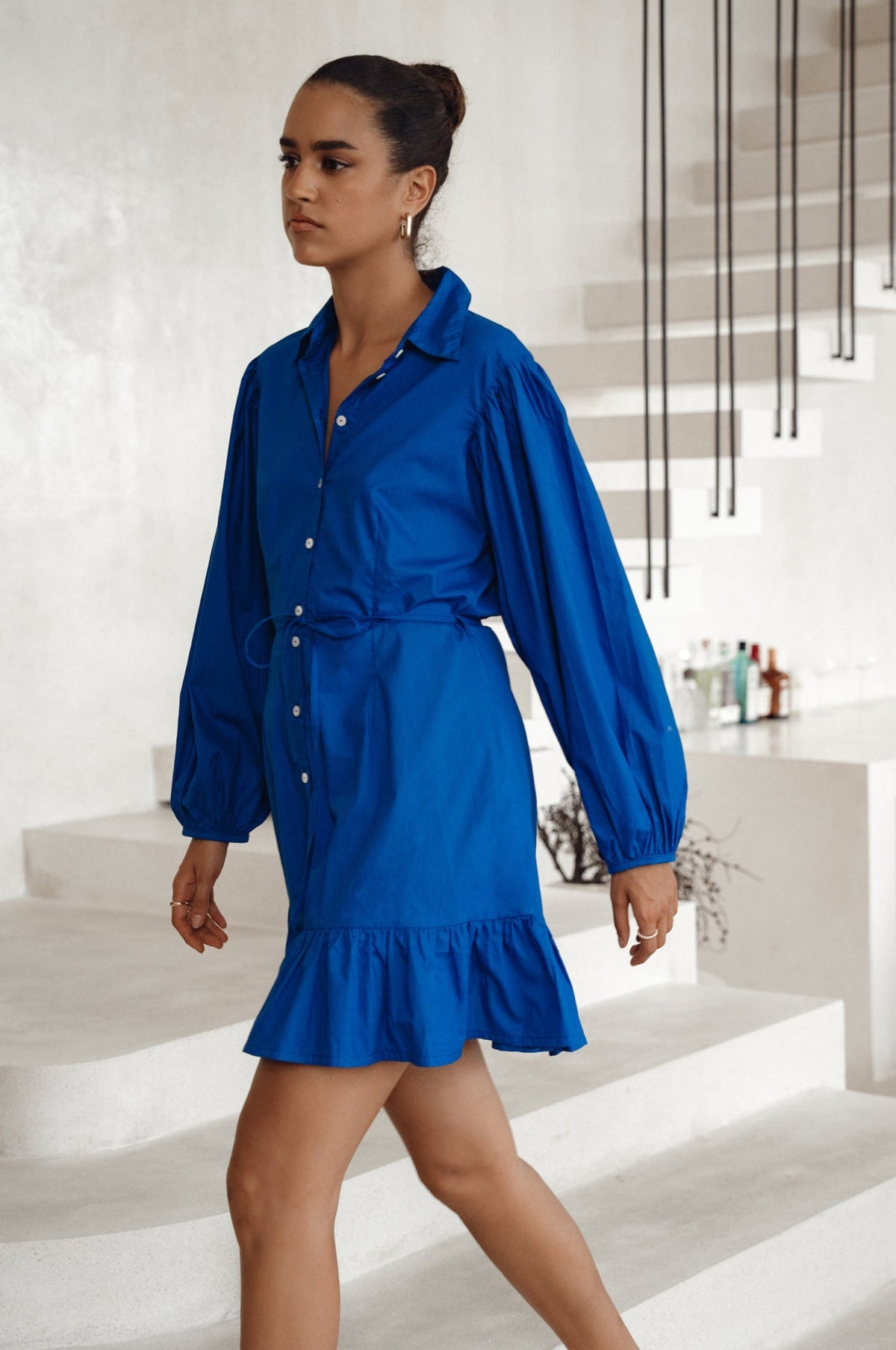 Malina Button Down Cotton Mini Dress Blue
