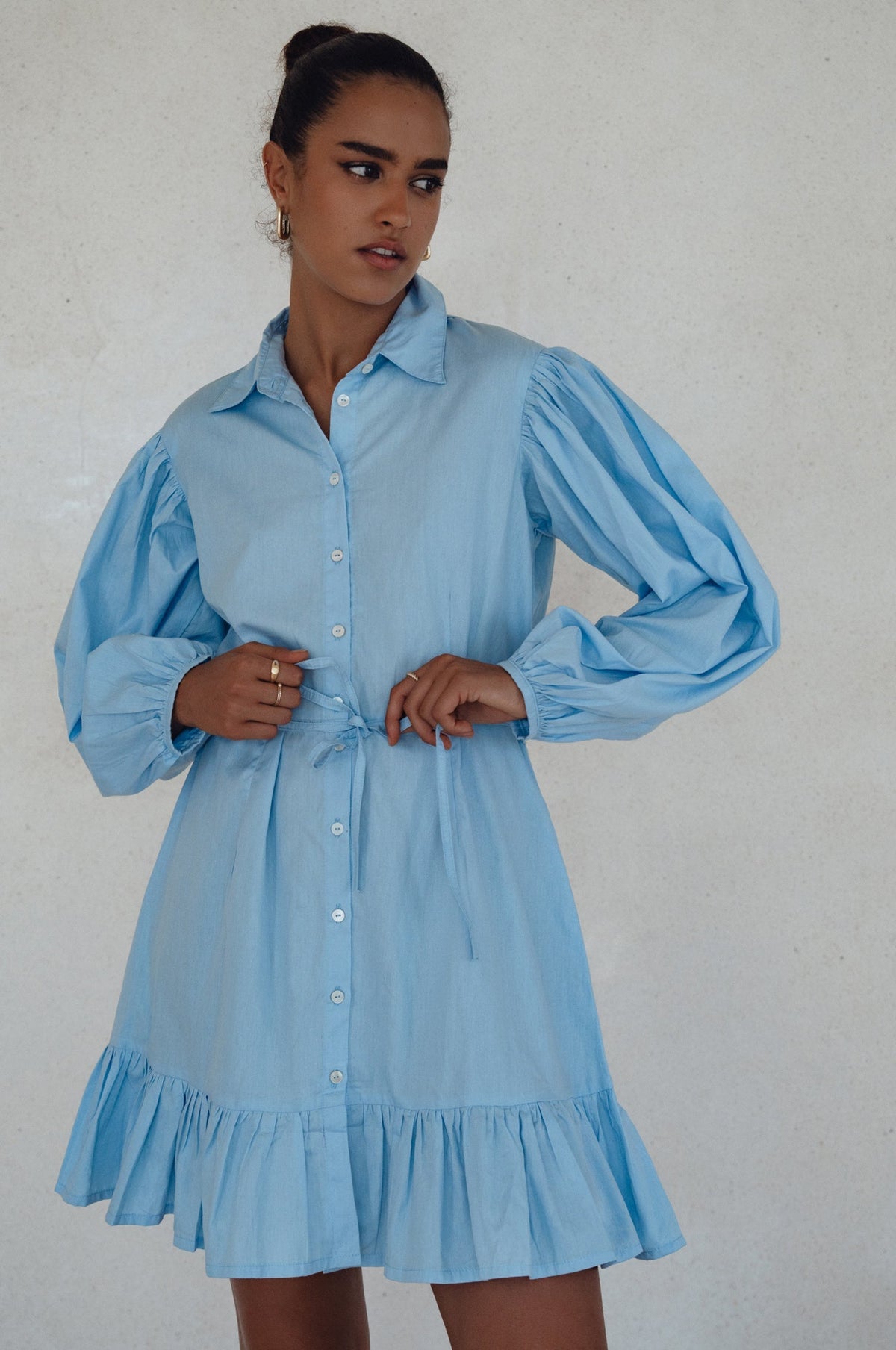 Malina Button Down Cotton Mini Dress Light Blue