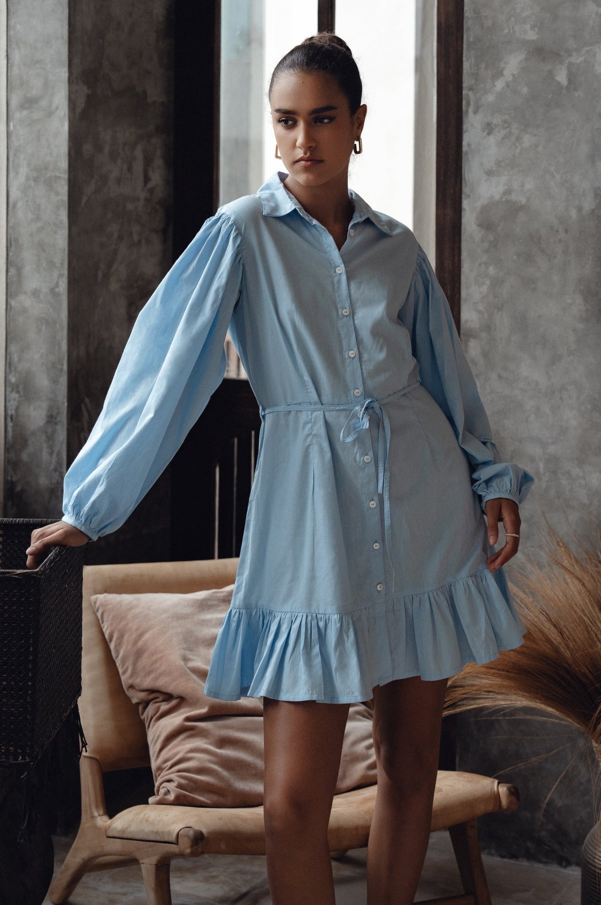 Malina Button Down Cotton Mini Dress Light Blue