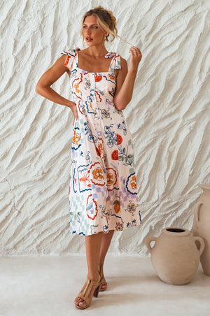 Another full view of white Mia Vita Button Down Dress With Ties