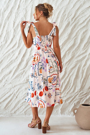 Back view of white Mia Vita Button Down Dress With Ties