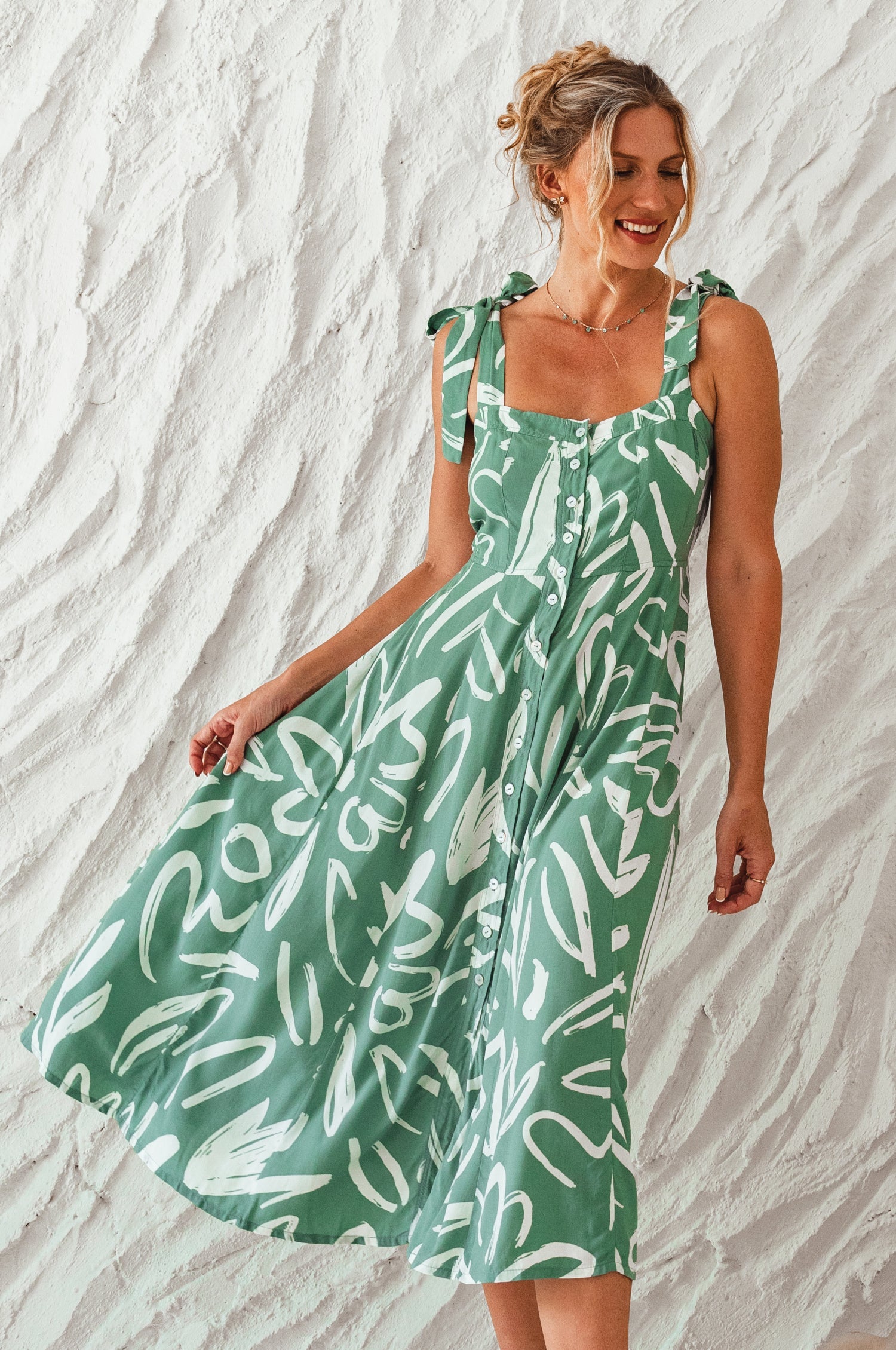 Green Mia Vita Button Down Dress With Ties