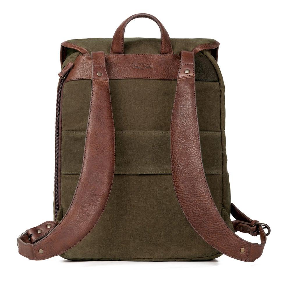 Back view of green Campaign Waxed Canvas Backpack by Mission Mercantile Leather Goods