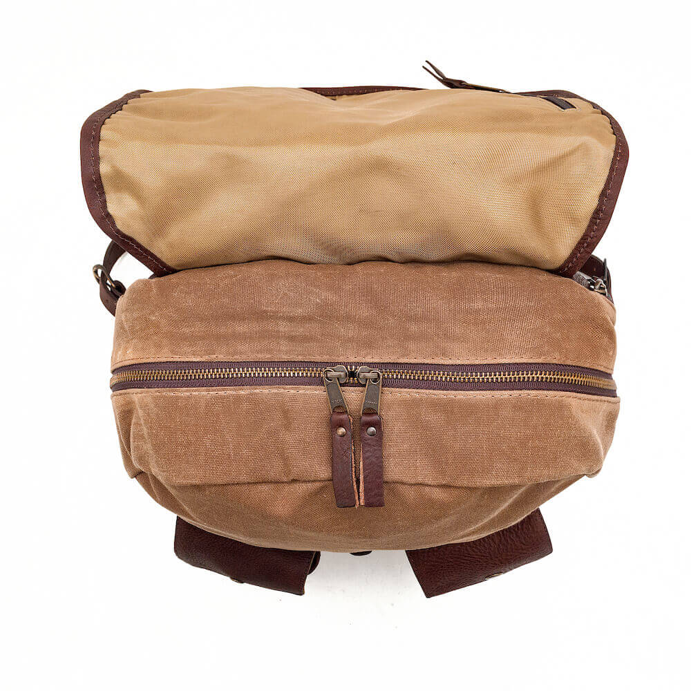 Top view of Campaign Waxed Canvas Backpack by Mission Mercantile Leather Goods