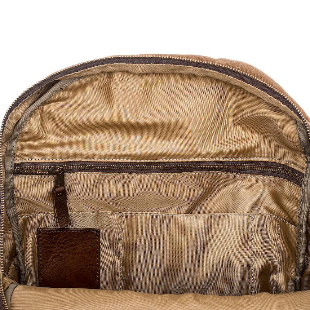 View of inside compartment on Campaign Waxed Canvas Backpack by Mission Mercantile Leather Goods