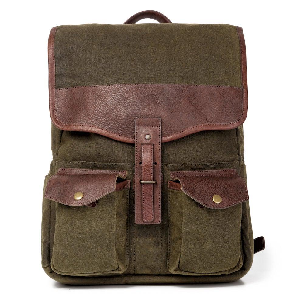 Front view of green Campaign Waxed Canvas Backpack by Mission Mercantile Leather Goods