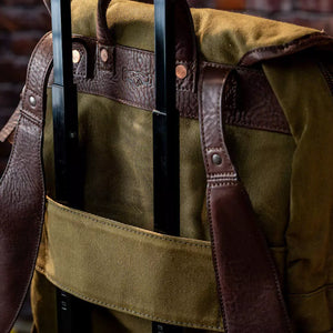 view of straps on Campaign Waxed Canvas Backpack by Mission Mercantile Leather Goods
