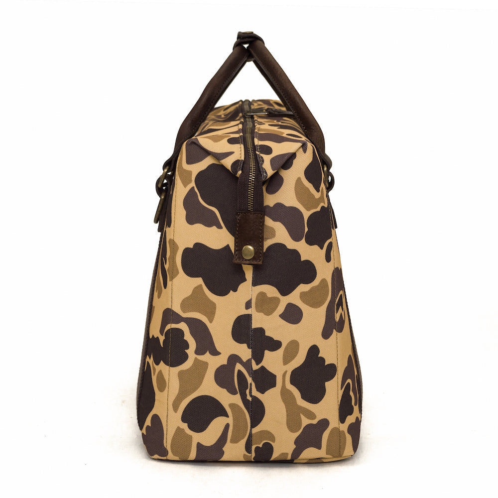 Side view of camo White Wing Waxed Canvas Large Cooler by Mission Mercantile Leather Goods