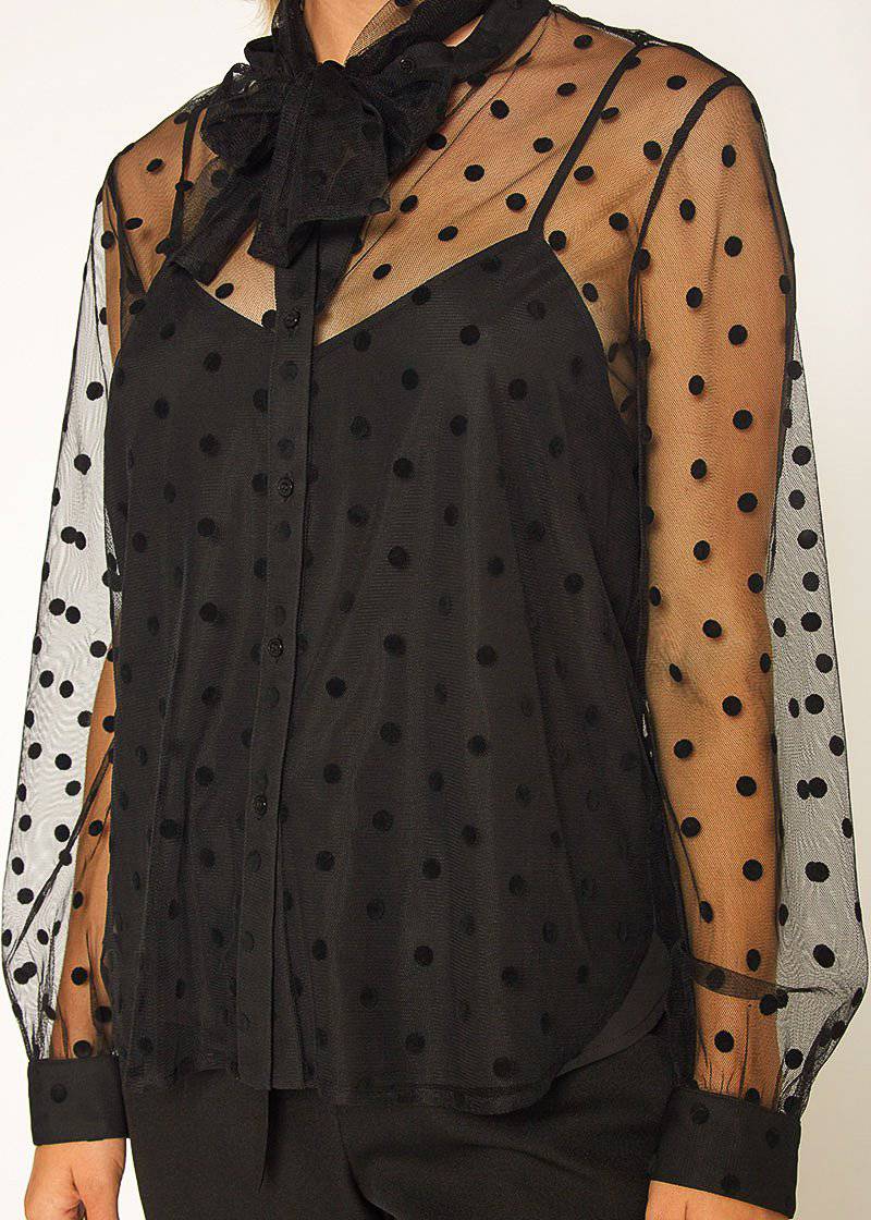 Pleione Women's Polkadot Mesh Blouse With Cami in Black