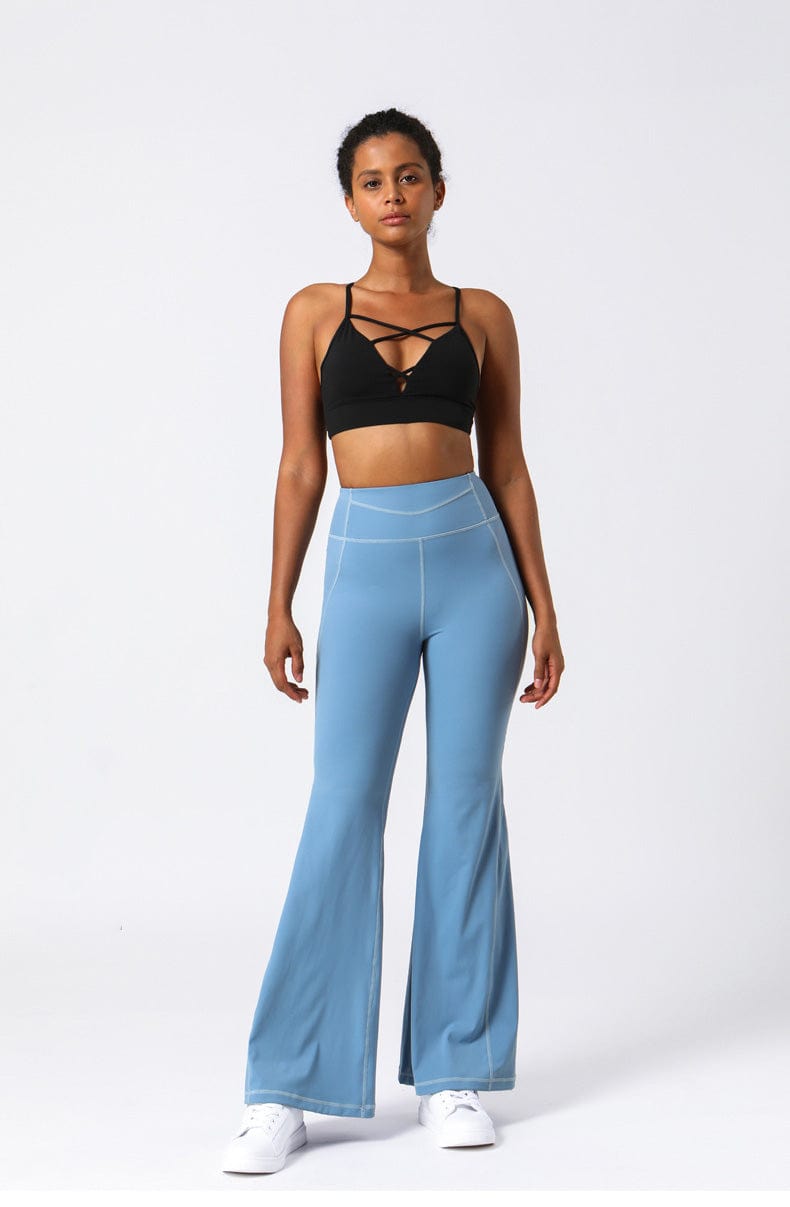 Blue High Waist Flare Pants with Stitching