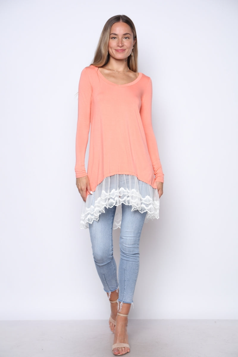 Front of CANTALOUPE WHITE LACE CONTRAST LONG TUNIC TOP