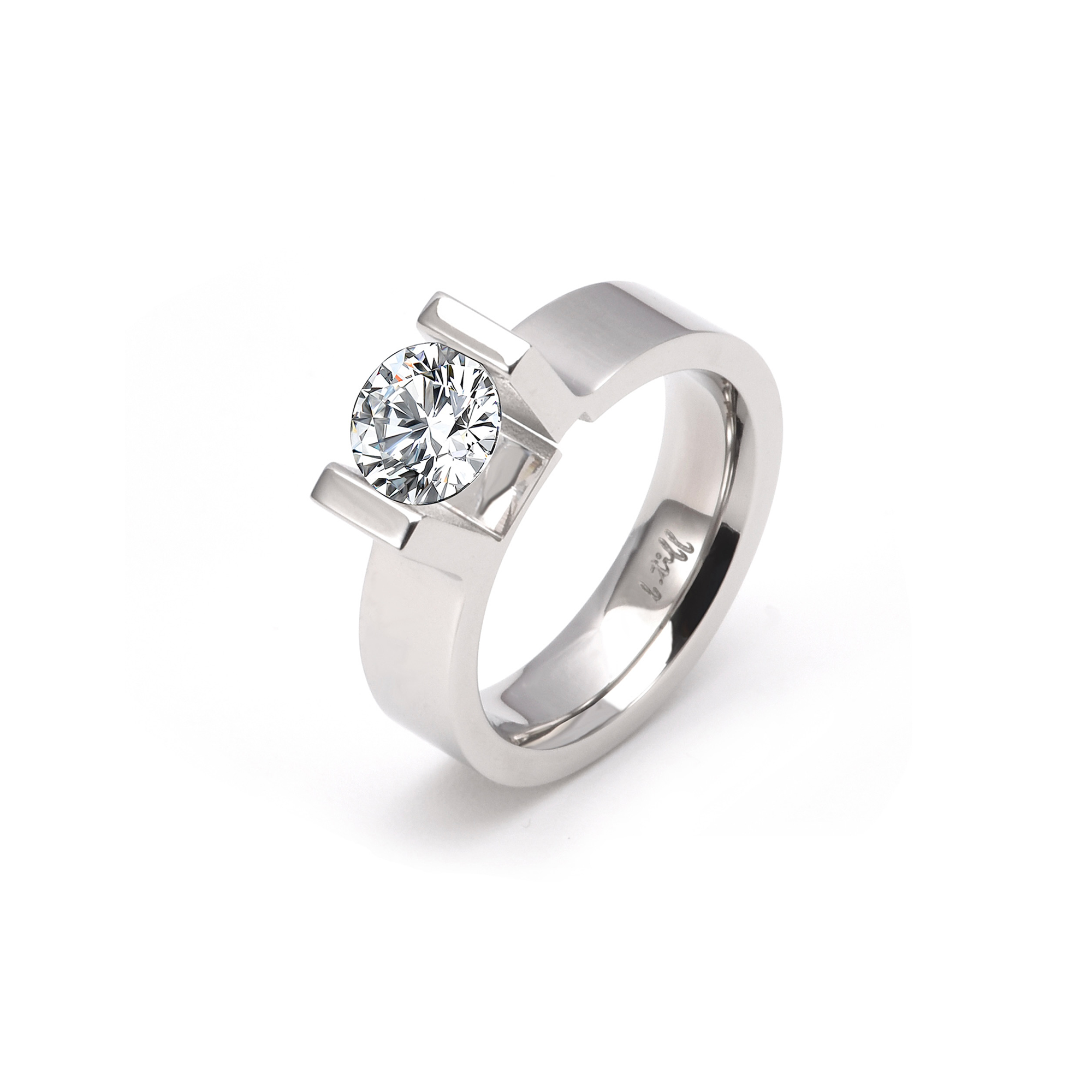 Top view of  B.Tiff Tension 1 ct Moissanite Round Solitaire Engagement Ring