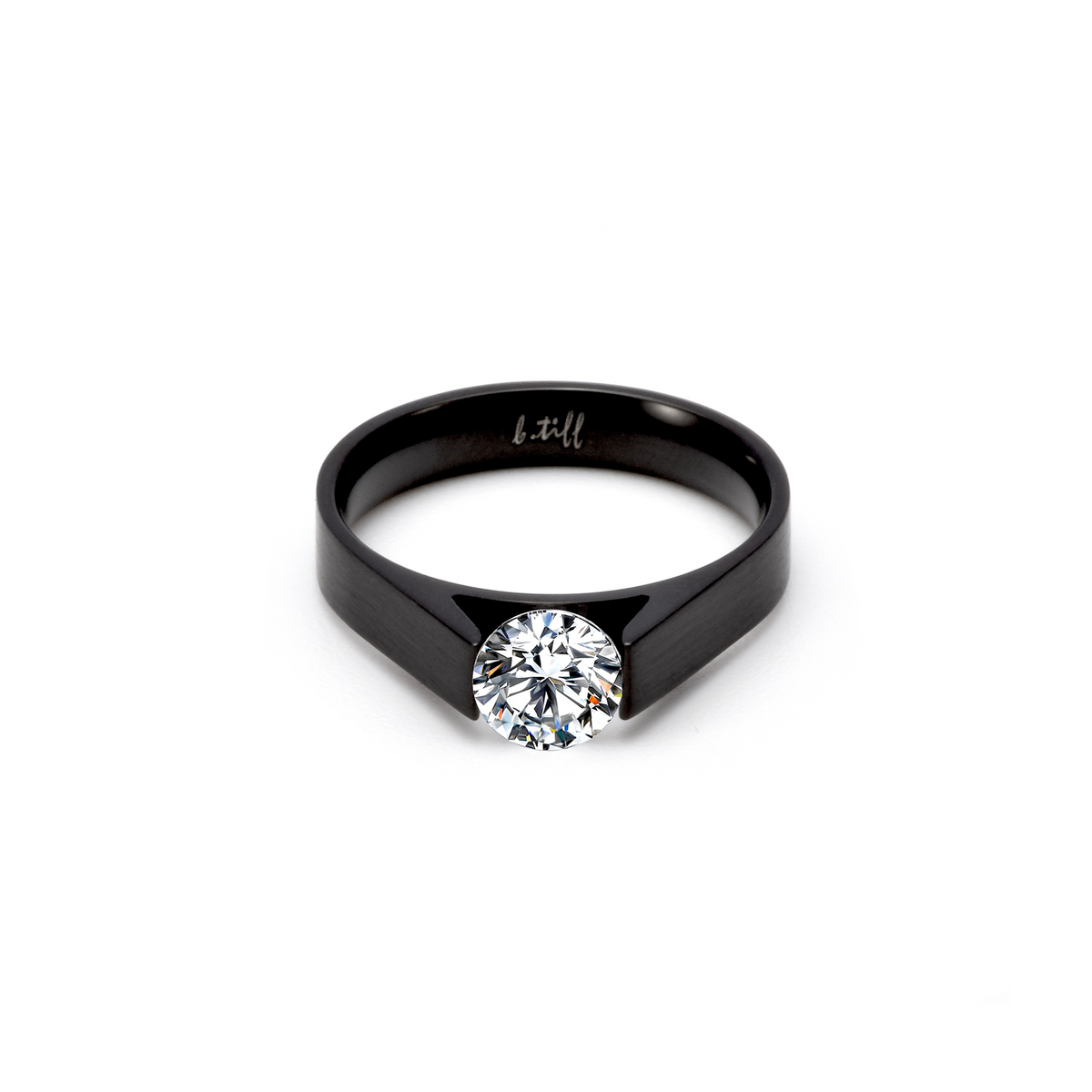 Full view of B.Tiff Tension Black .75 ct Round Solitaire Engagement Ring