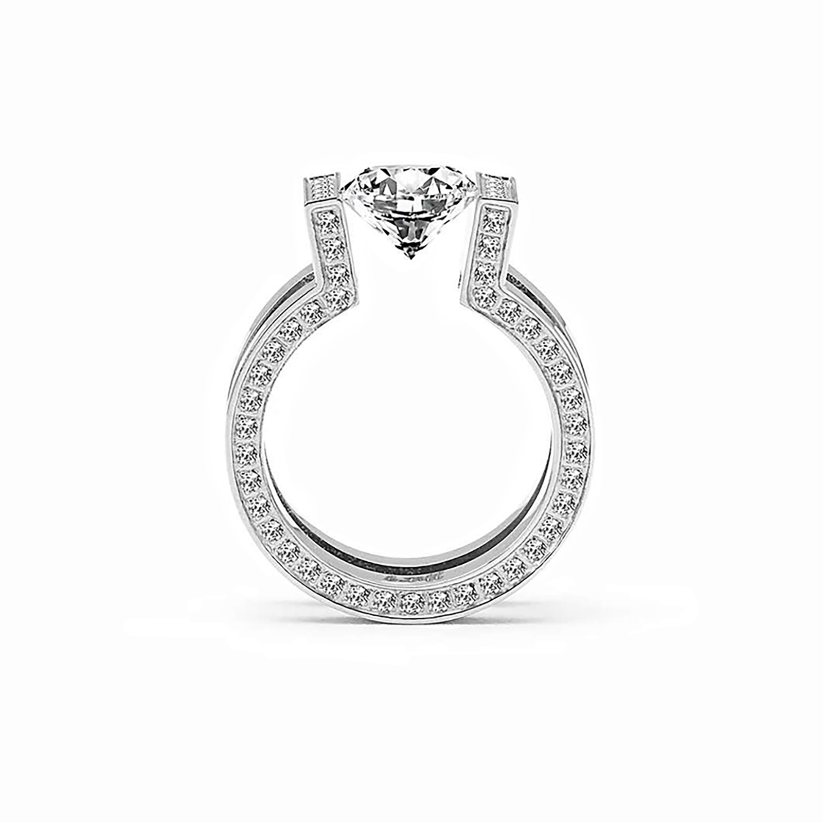 Full view of B.Tiff 2 ct Round Solitaire Interlocking Engagement Ring & Eternity Band Set