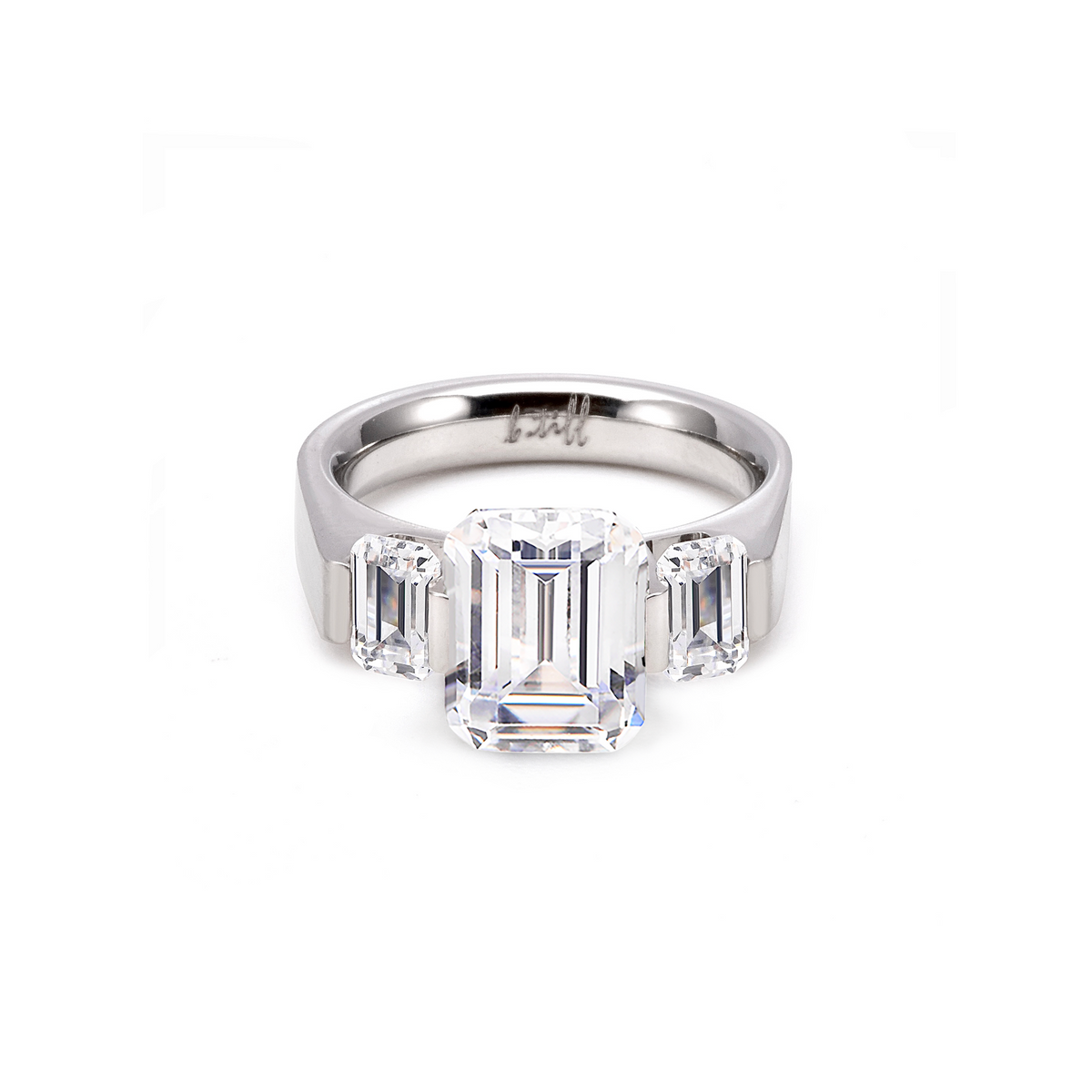 Front view of B.Tiff 3-Stone 3 ct Emerald Cut Engagement Ring