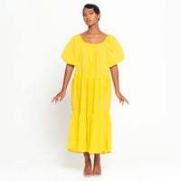 Front view of ROSEMARY Dotted Cotton Dress, in Sunflower Yellow