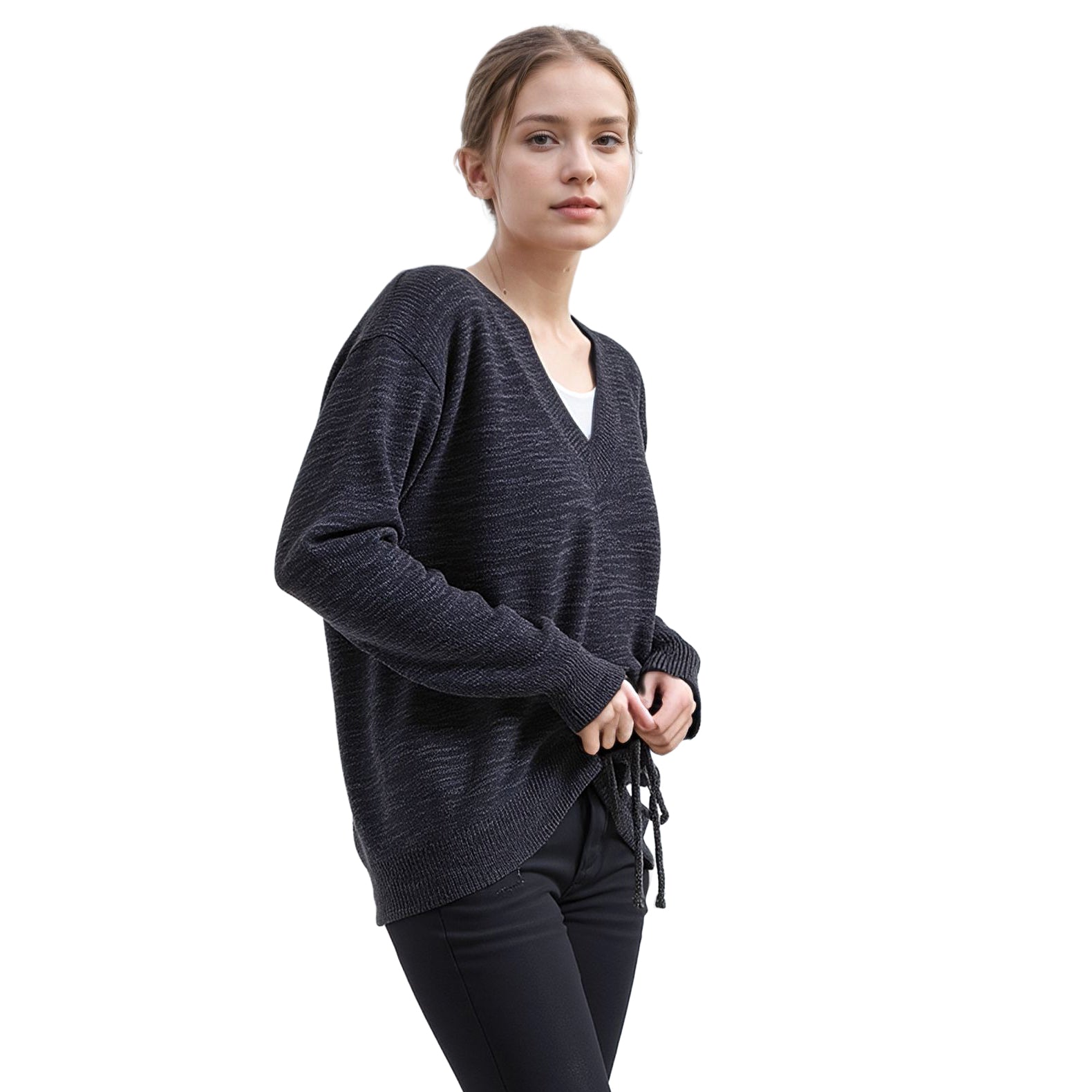 Pleione V-neck Ruched Sweater in Charcoal
