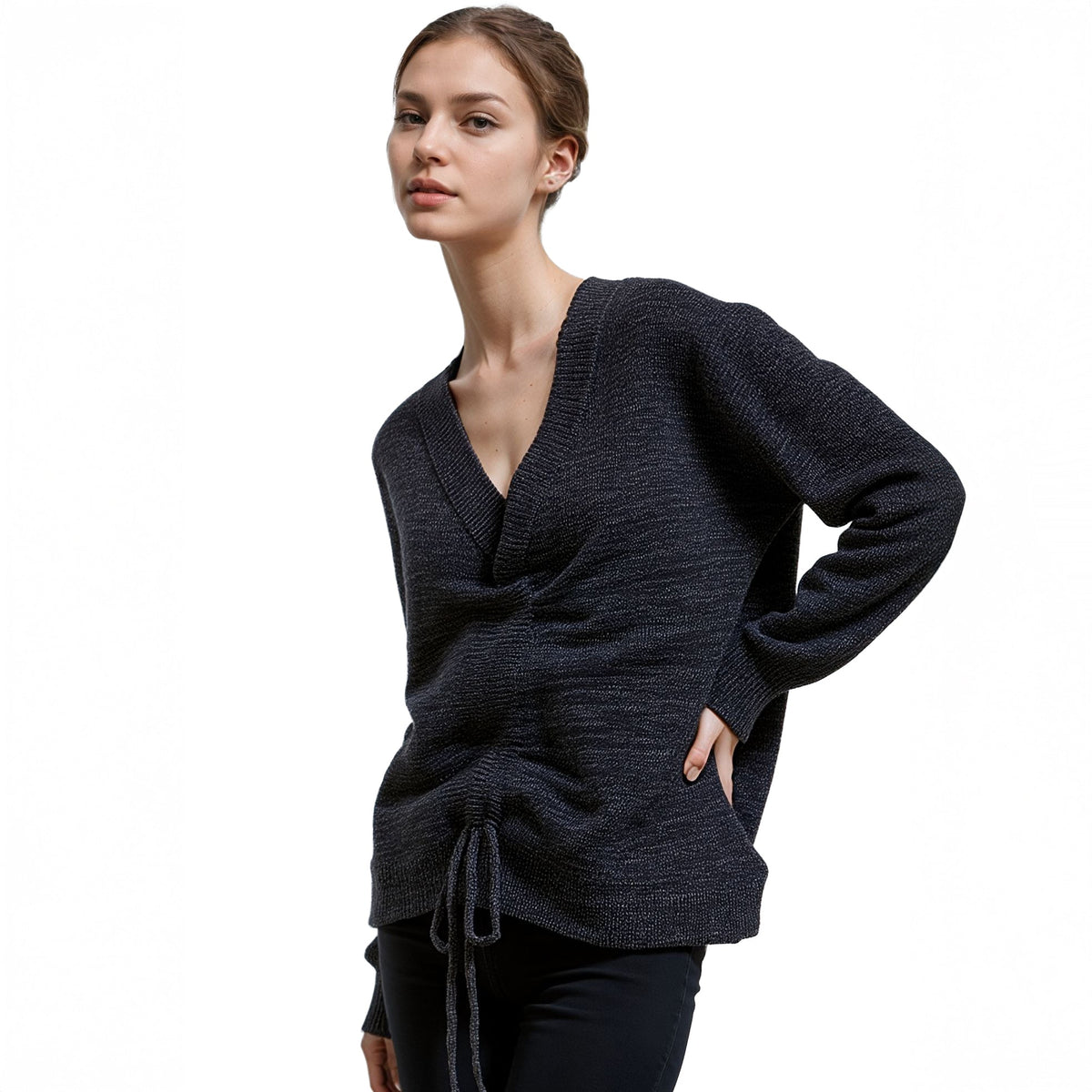 Pleione V-neck Ruched Sweater in Charcoal