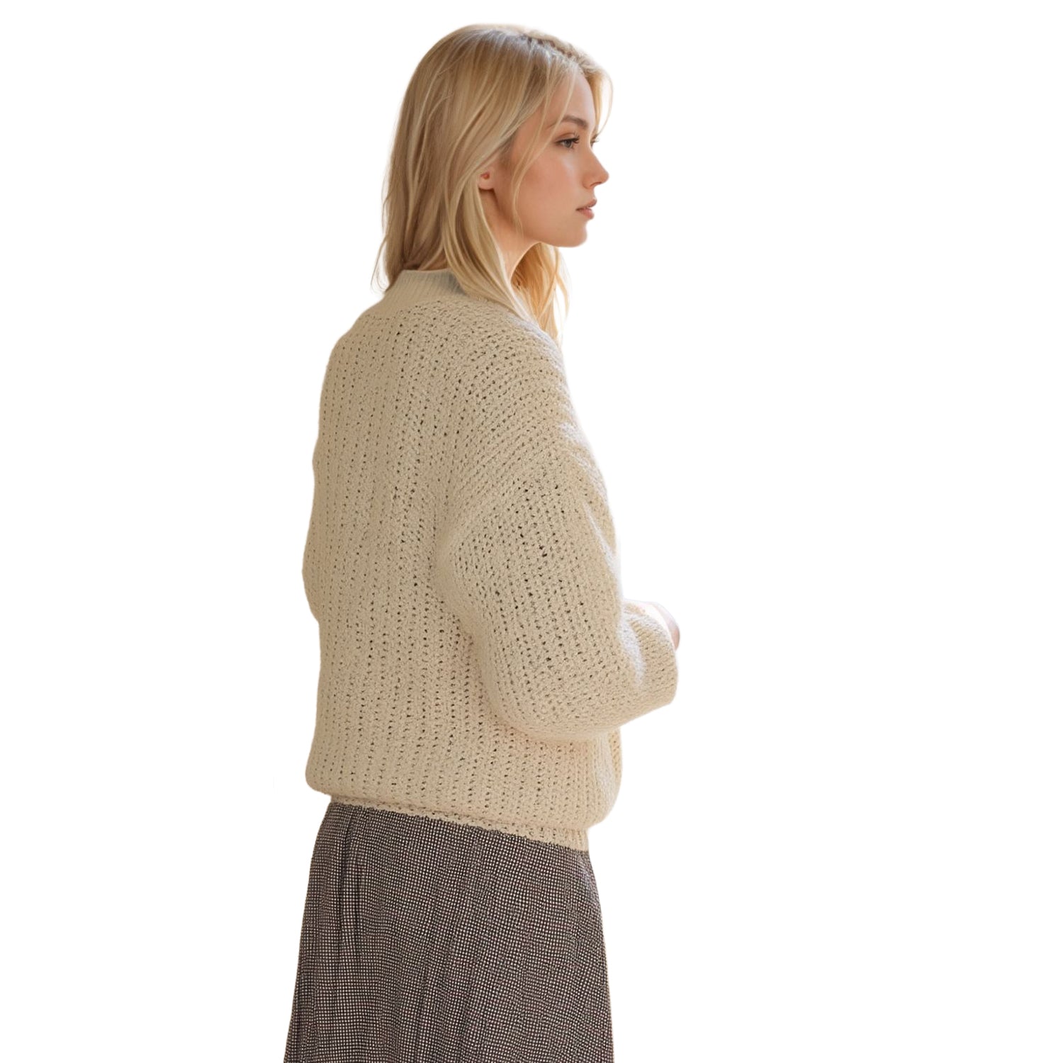 Pleione Womens Loose Knit Sweater in Cream