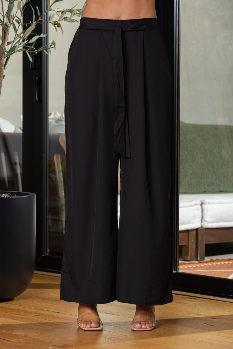 BLACK HIGH WAISTED TIE KNOT WIDE LEG PANTS