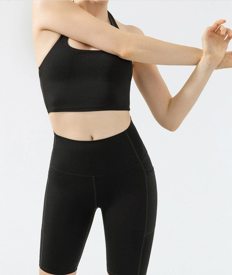 another front view of Buttery Soft Halter Active Top-black