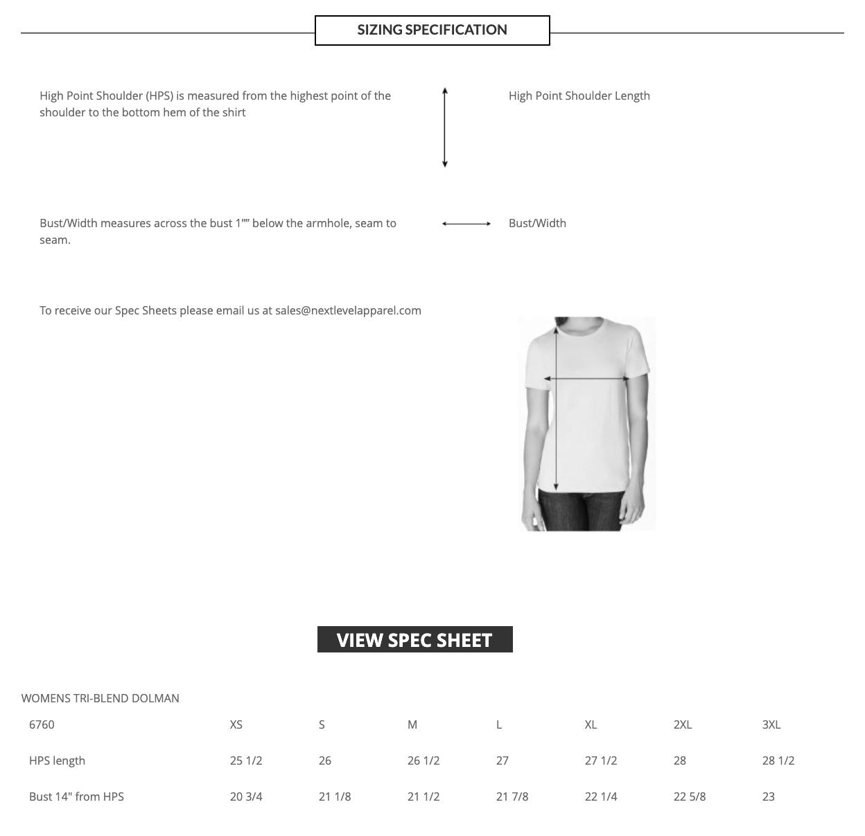 Sizing specification chart for a women's blend dolman shirt with measurements and an image of the shirt.