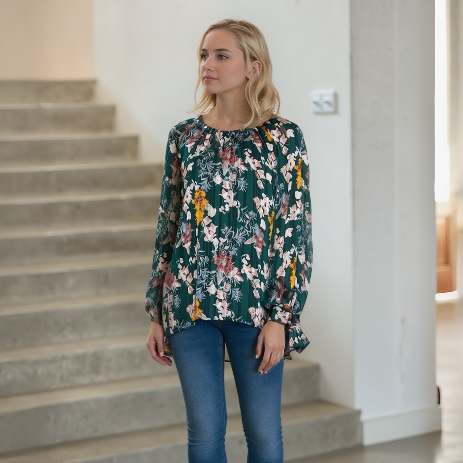 Pleione Women's Sheer Printed Blouse With Self-Tie Sleeve by Shop at Konus