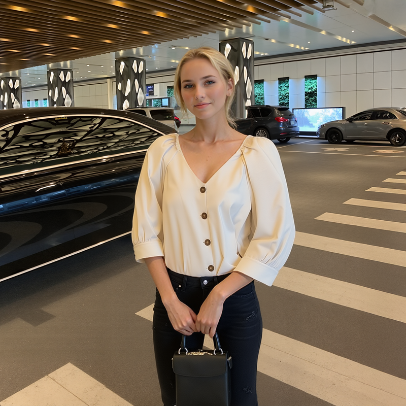Woman standing in a modern indoor setting with cars in the background