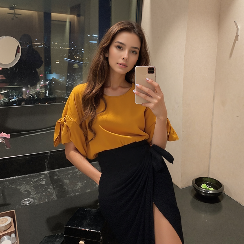 Woman taking a mirror selfie wearing a yellow top and black skirt in a room with a cityscape view.