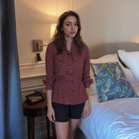 Woman standing in a bedroom with a bed and decorative pillows.