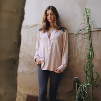 Pleione V-Neck Laced Shoulder LS Top in Dusty Rose by Shop at Konus