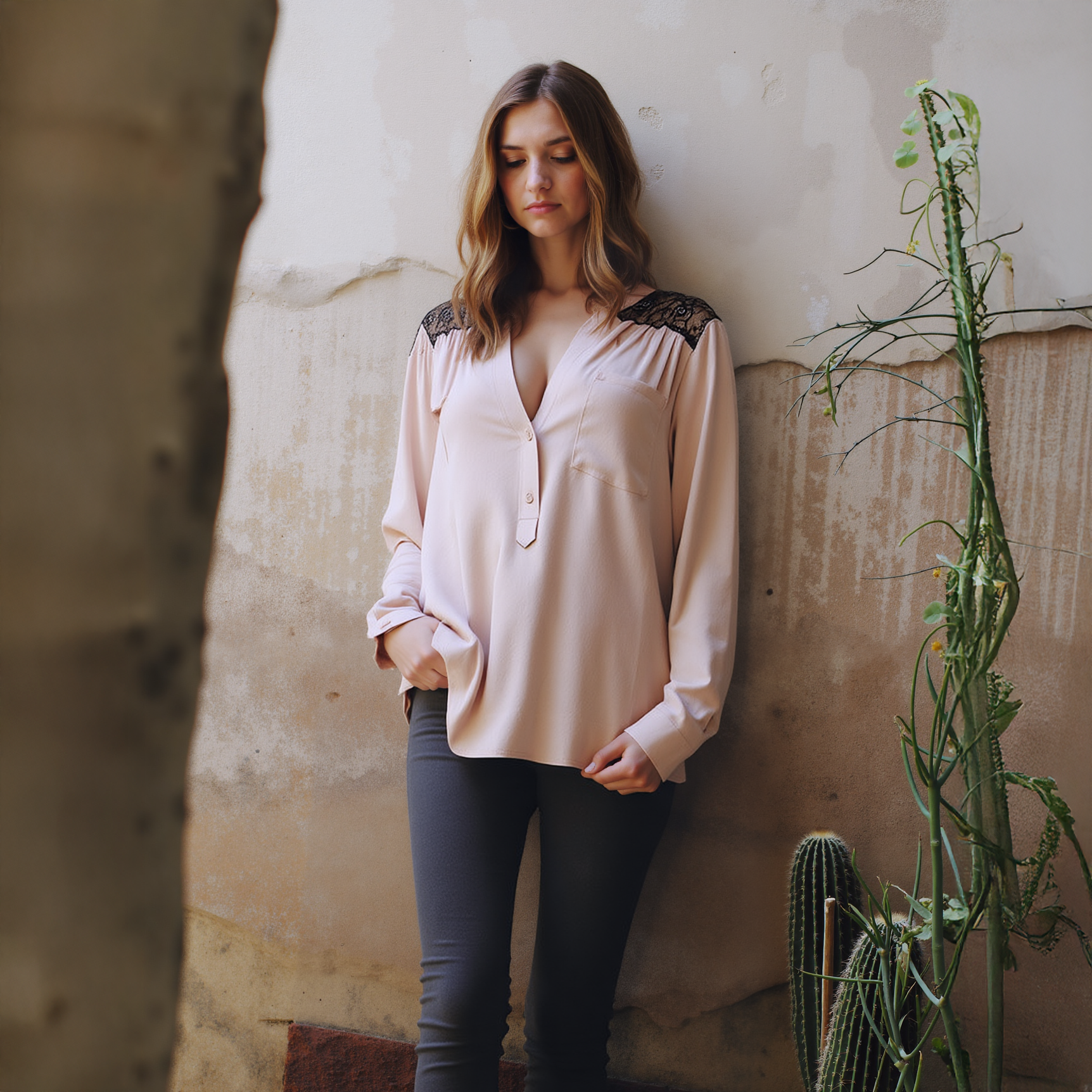 Pleione V-Neck Laced Shoulder LS Top in Dusty Rose by Shop at Konus