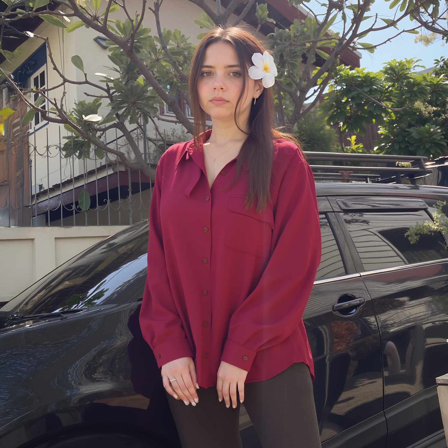 Woman in a red shirt standing next to a black car with a flower in her hair, outdoors.