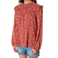 Pleione Long Sleeve Ruffle Blouse Top in Rust Floral by Shop at Konus