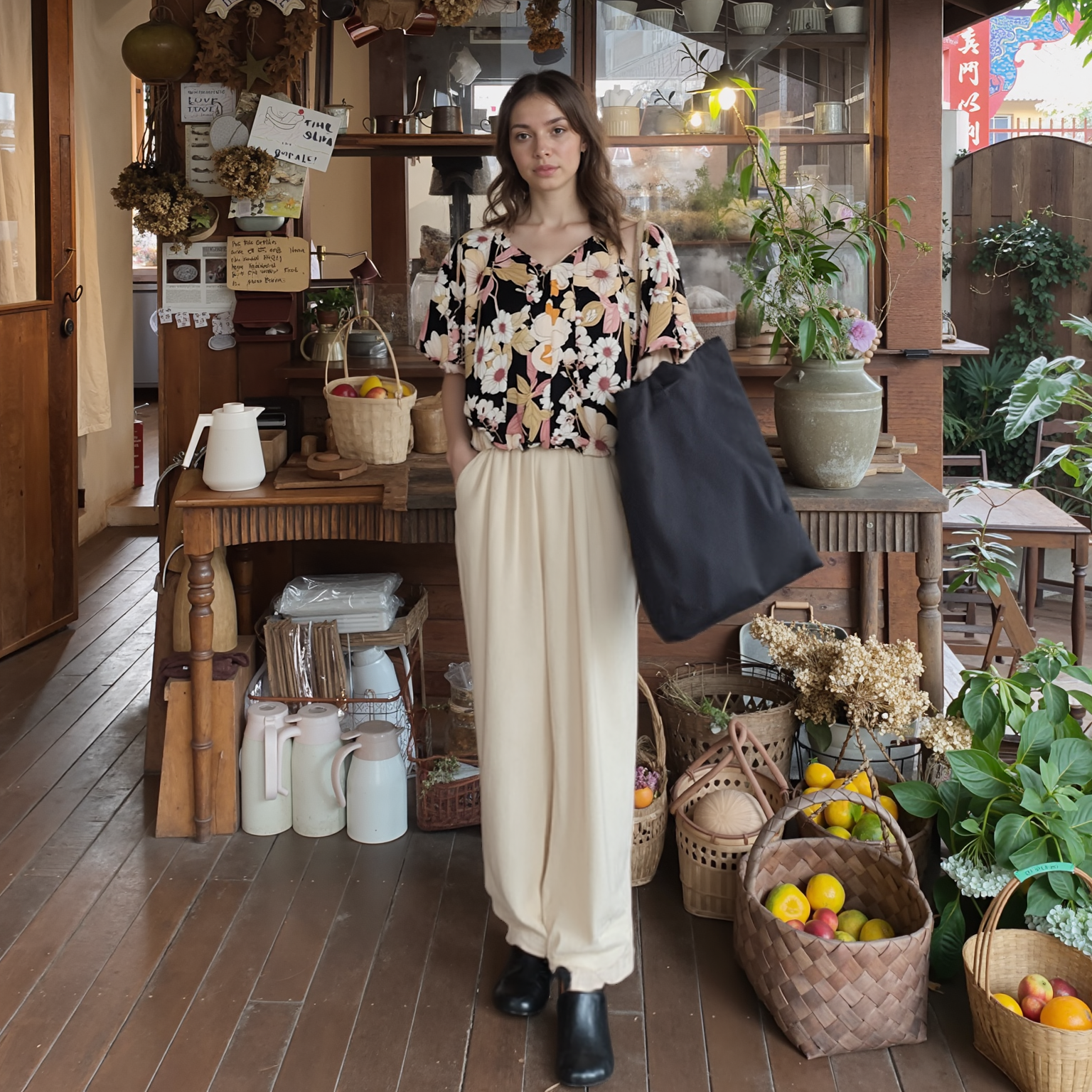 Woman standing in a store with floral top and beige pants, holding a black tote bag.