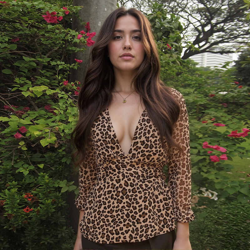 Woman wearing a leopard print top in a garden setting