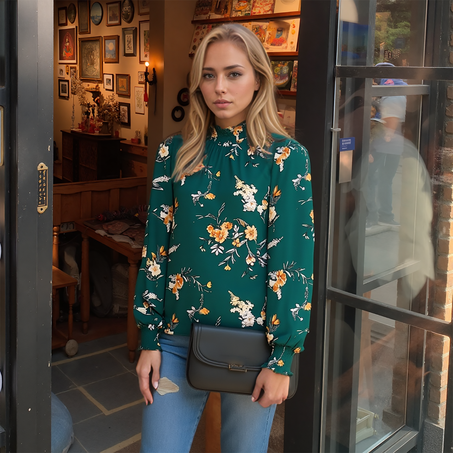 Woman in a floral blouse standing in a doorway with a blurred background