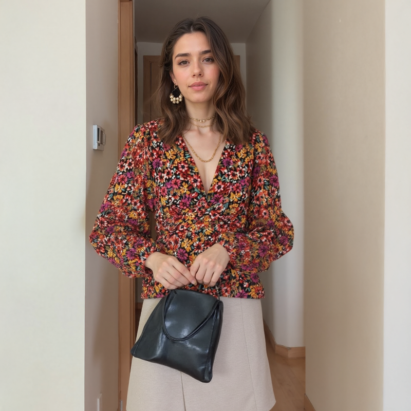 Woman wearing a colorful floral blouse and holding a black clutch in an indoor setting.