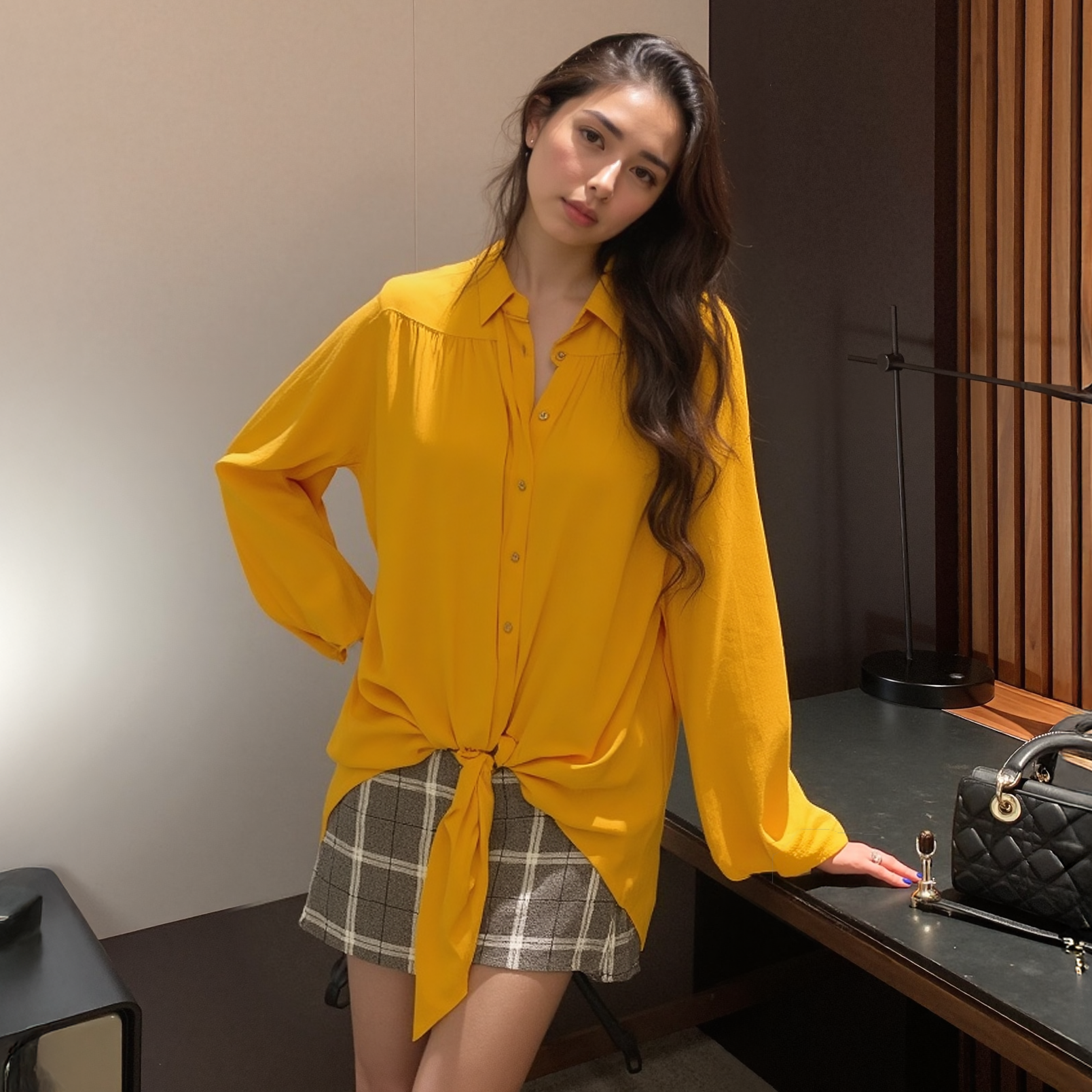 Pleione Women's Pleated Tie Hem Button Down Blouse by Shop at Konus