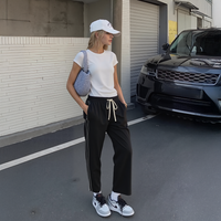 Person wearing a white cap, white t-shirt, black pants, and white sneakers standing next to a black SUV.
