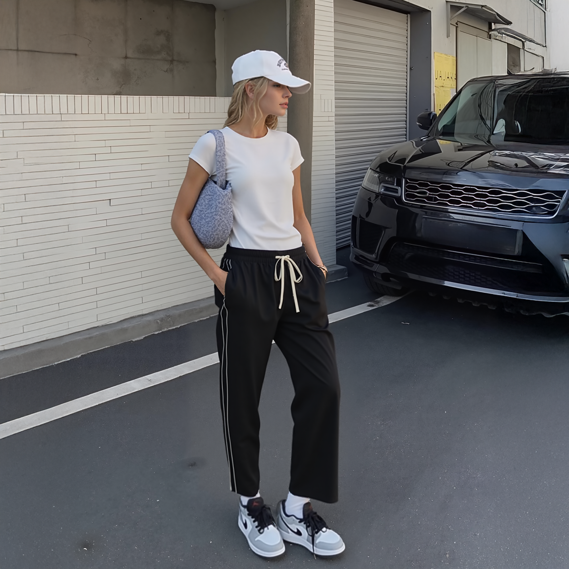 Person wearing a white cap, white t-shirt, black pants, and white sneakers standing next to a black SUV.