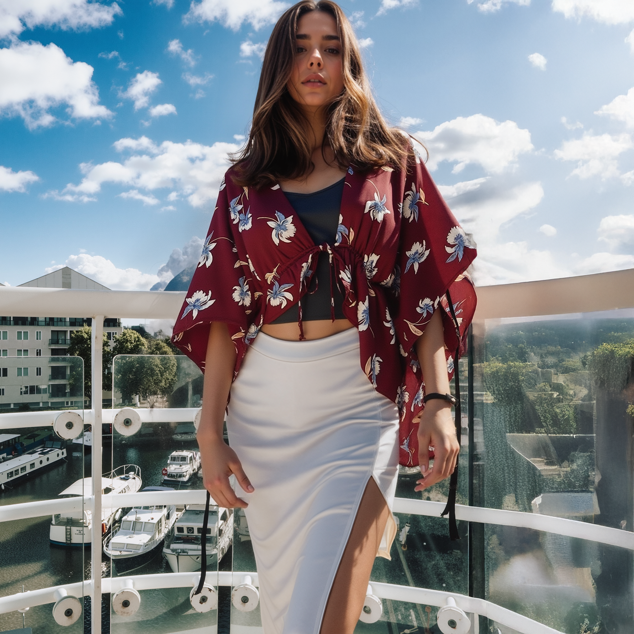 Woman in a floral kimono-style top and white skirt standing on a balcony with a cityscape background.