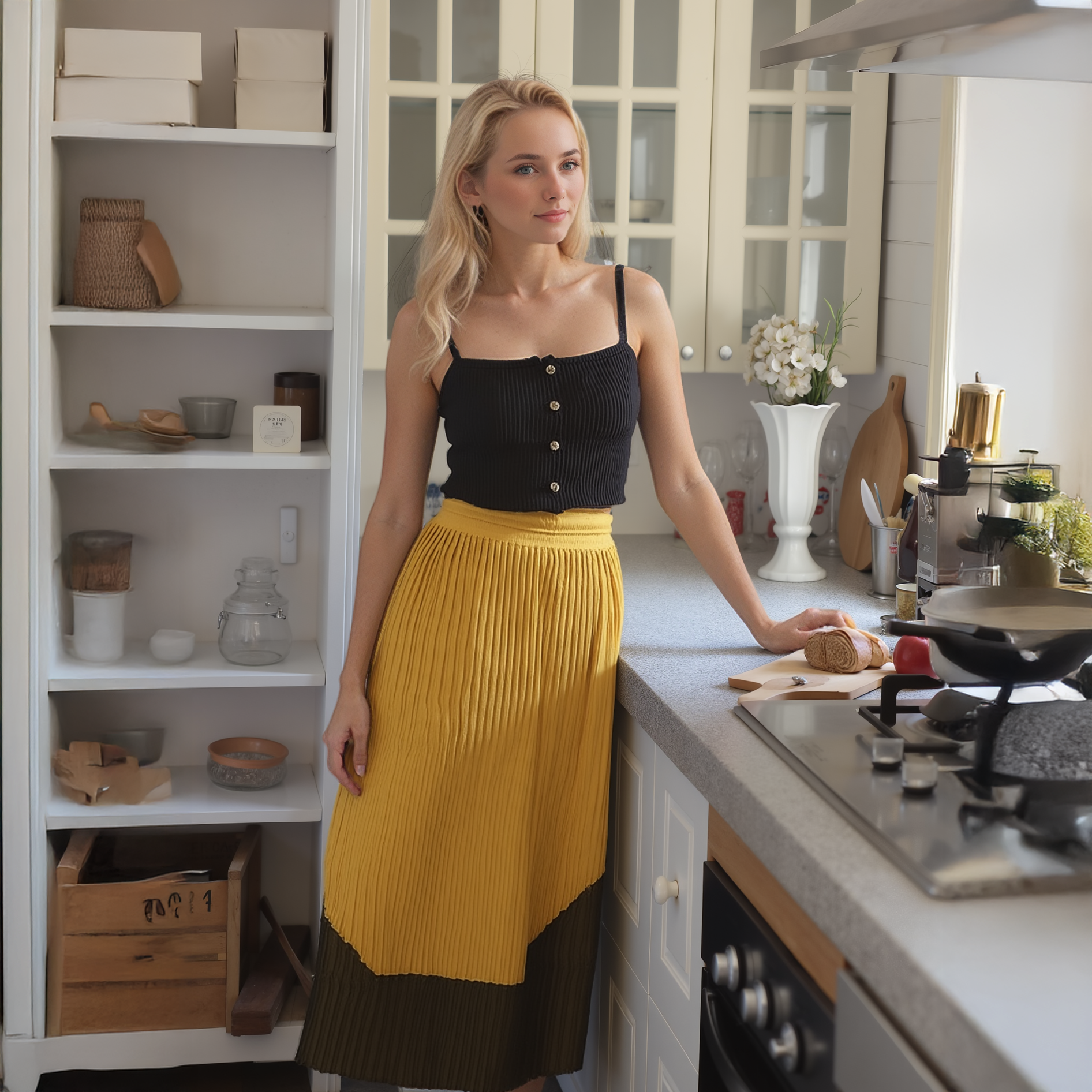 Woman standing in a kitchen wearing a black top and yellow skirt.